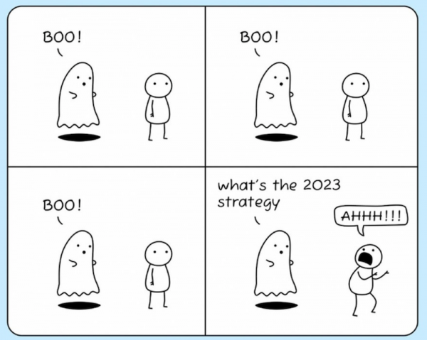 4-panel comic. For the first three panels, a ghost says “Boo!” to a person, with no results. In the final panel, the ghost asks “What’s the 2023 strategy?”, and THAT’S what makes the person scream in terror.