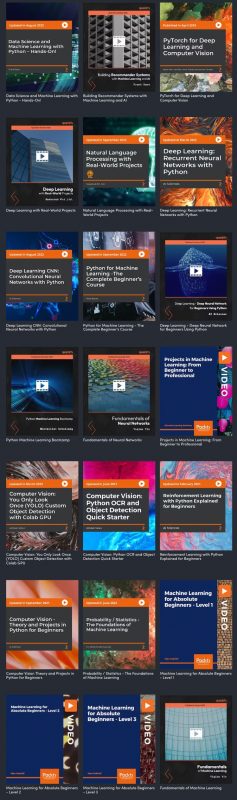 Covers of all the courses in the “Machine Learning and AI: Zero to Hero” bundle