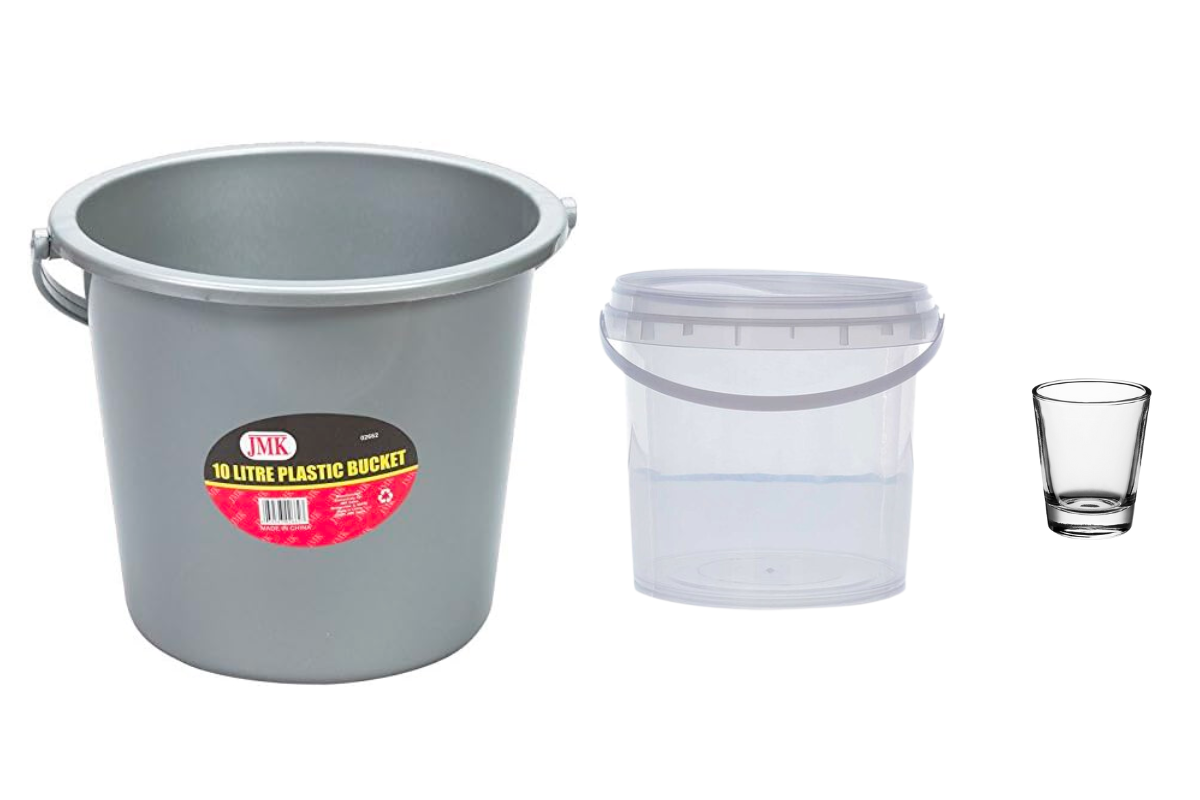 10 liter bucket 5 liter bucket shot glass Global Nerdy