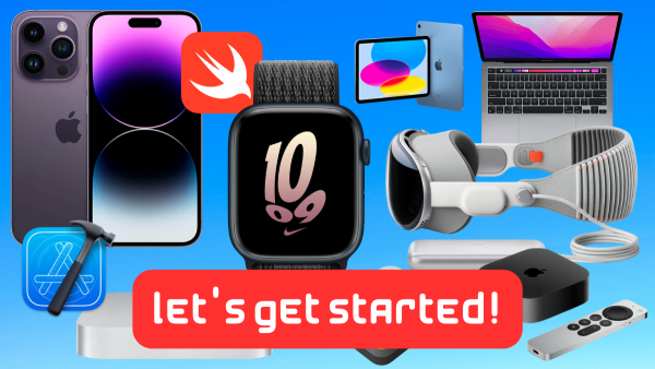 “Let’s Get Started!” — a collage of Apple products including the iPhone, MacBook Pro, Apple Watch, Apple TV, iPad, and Vision Pro.