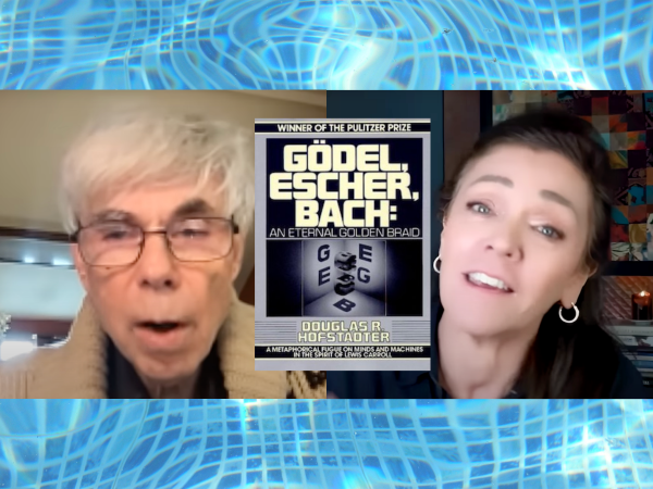 Collage featuring the cover of “Godel, Escher, Bach,” Douglas Hofstadter, and Amy Jo Kim.