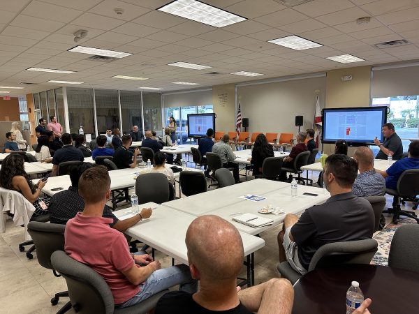 A wide shot of the main room of Tampa’s Entrepreneurial Collaborative Center, with the people attending Tampa Bay Techies’ “Breaking Into Tech” event.