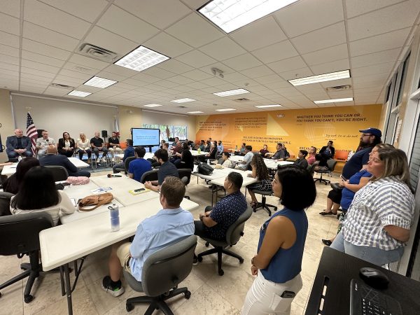 A wide shot of the main room of Tampa’s Entrepreneurial Collaborative Center, with the people attending Tampa Bay Techies’ “Breaking Into Tech” event.