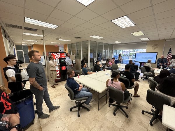 A wide shot of the main room of Tampa’s Entrepreneurial Collaborative Center, with the people attending Tampa Bay Techies’ “Breaking Into Tech” event.