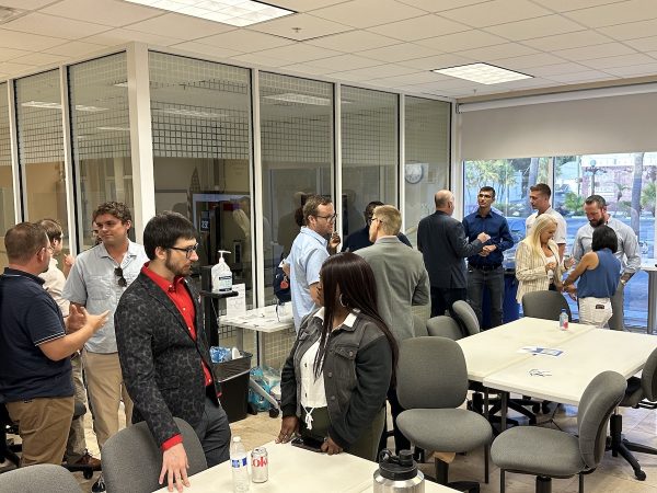 A wide shot of the main room of Tampa’s Entrepreneurial Collaborative Center, with the people attending Tampa Bay Techies’ “Breaking Into Tech” event.