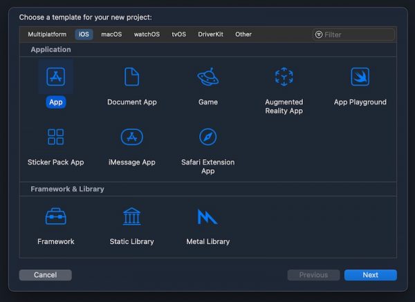 The “Choose a new template” window in Xcode. The “iOS” tab and “App” icon are selected.