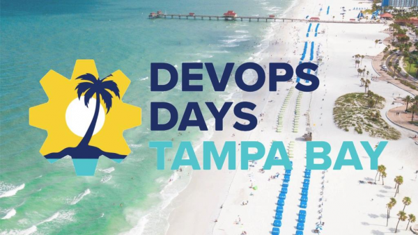 DevOpsDays Tampa Bay logo laid over an aerial photo of a beach.