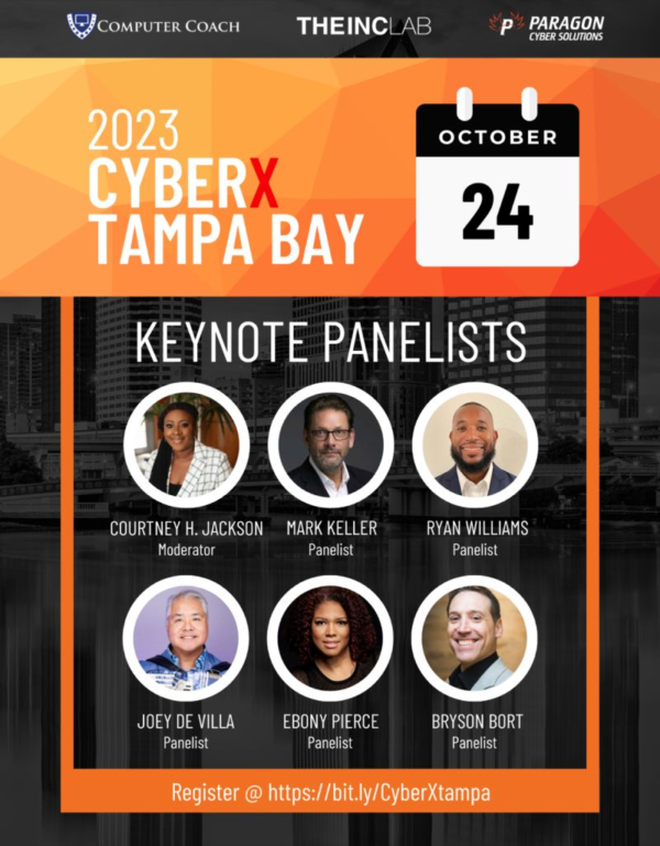 Banner for the 2023 CyberX Tampa Bay keynote panelists, featuring headshots of Courtney Jackson, Mark Keller, Ryan WIlliams, Joey de Villa, Ebony Pierce, and Bryson Bort.