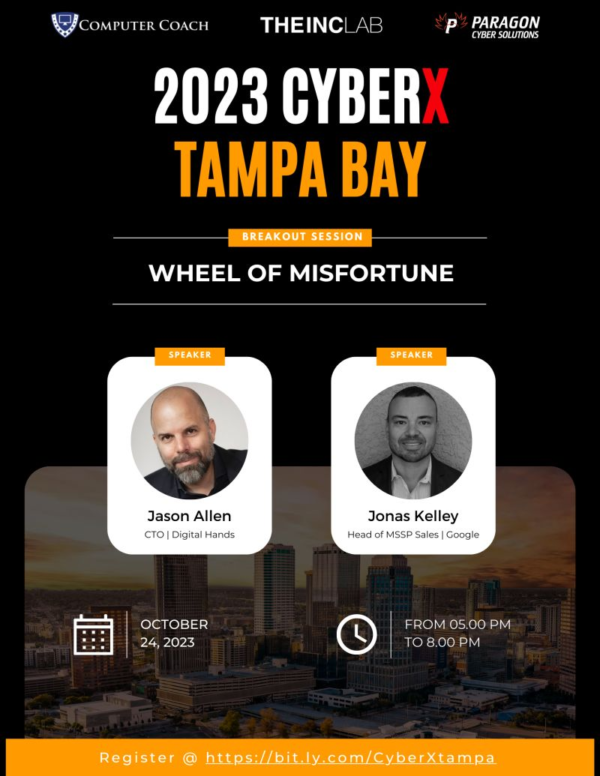 Banner for CyberX Tampa Bay 2023’s “Wheel of Misfortune,” featuring headshots of Jason Allen and Jonas Kelley.