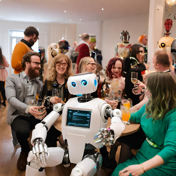 Another very “uncanny valley” Canva AI-generated photorealistic image of robots and humans having a great time at a party.