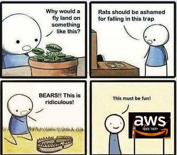 Comic about AWS

Panel 1: Person looking at venus flytrap, asking “Why would a fly land on something like this?”

Panel 2: Same person, looking at mousetrap: “Rats should be ashamed for falling into this trap.”

Panel 3: Same person, gesturing with both arms towards a bear leg trap: “BEARS! This is ridiculous!”

Panel 4: Same person looking at a sign that reads “AWS free tier:” “This must be fun!”

