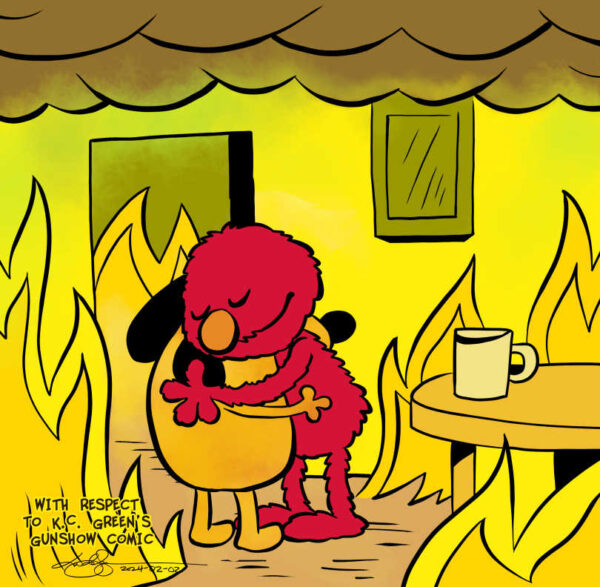 Comic featuring Elmo hugging the “This is Fine” dog.