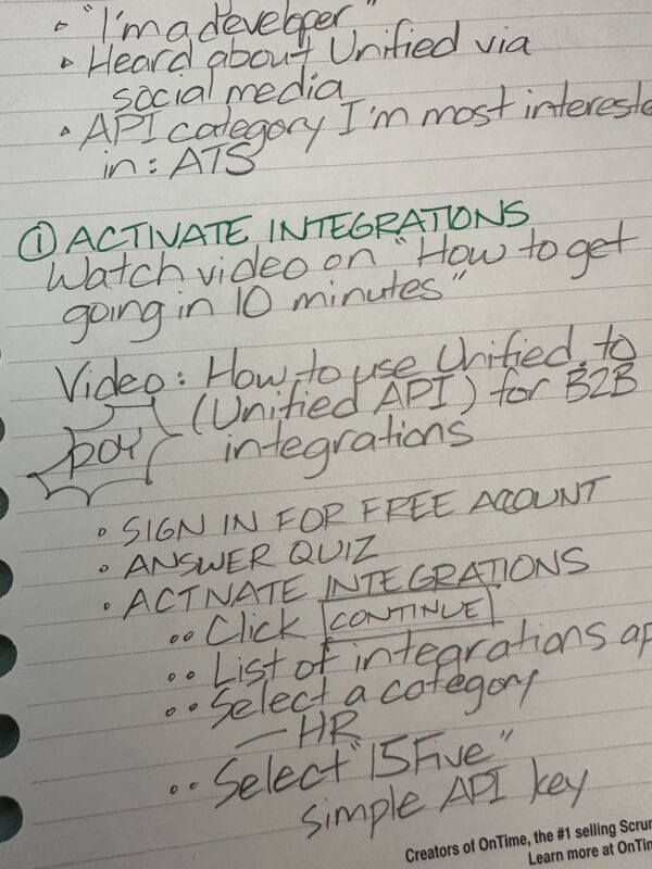 Joey de Villa’s handwritten notes on unified APIs in his new notebook for his new job at Unifed API (unified.to).