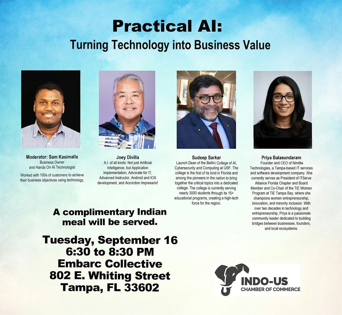 Promotional poster for “Practical AI: Turning Technology into Business Value” featuring moderator Sam Kasimalla and panelists Joey de Villa, Sudeep Sarkar, and Priya Balasundaram.