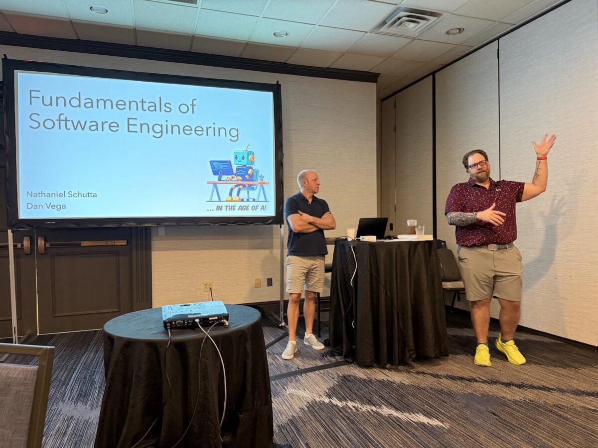Dam Vega and Nate Schutte presenting “Fundamentals of Software Engineering in the Age of AI”