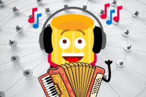 “Ziggy,” OpenZiti’s anthropomorphic ziti mascot, wearing headphones and playing accordion.