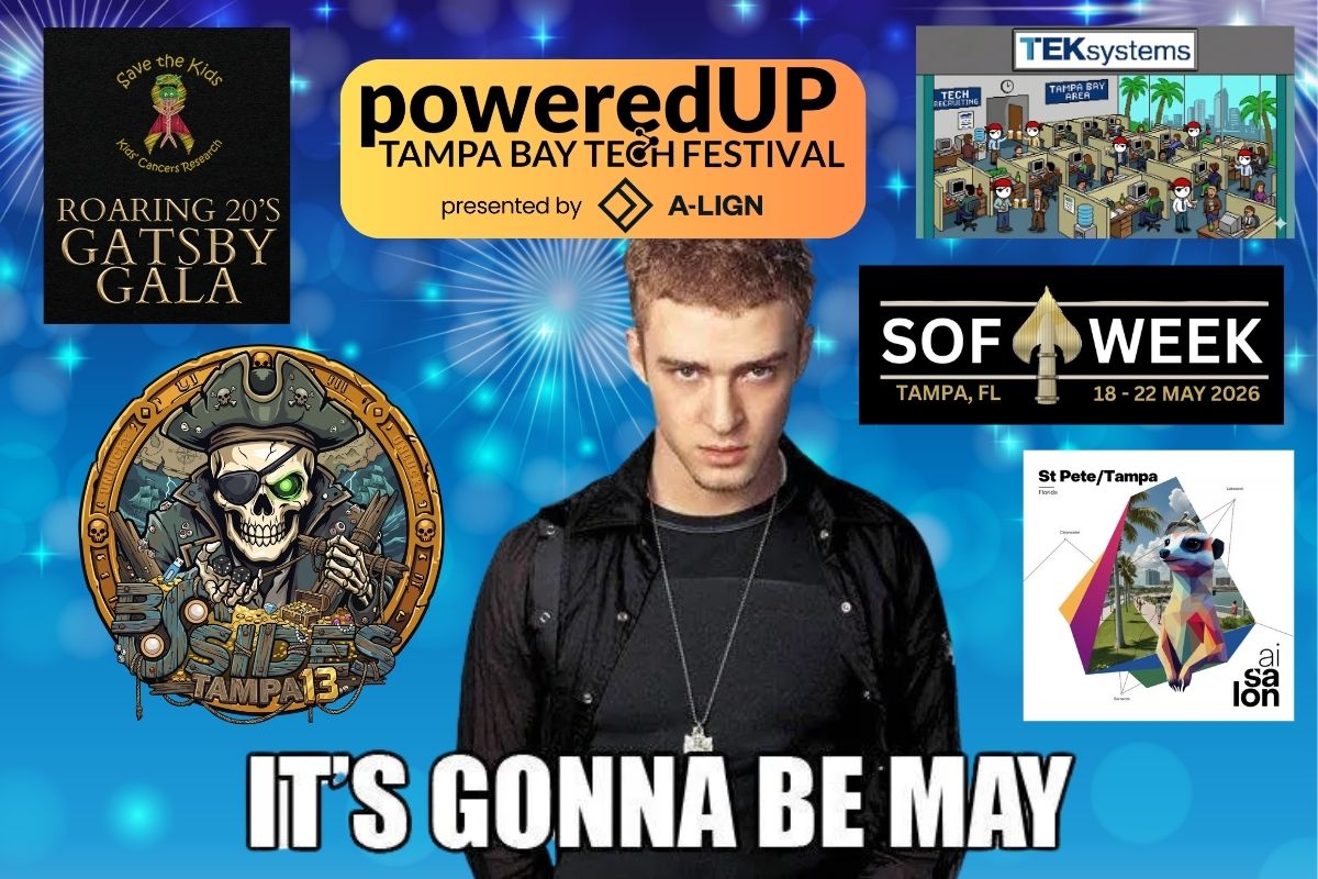 Justin Timberlake with the caption “It’s Gonna Be May” and the logos of Tampa Bay technology events happening in May